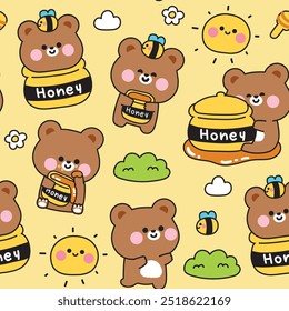 Seamless pattern of cute teddy bear in various poses with honey and bee pastel background.Flower.Sun.Jungle.Wild animal character cartoon design.Kawaii.Vector.Illustration.