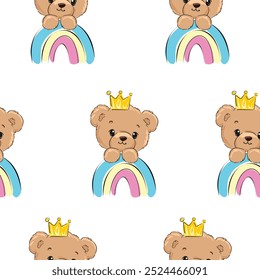 Seamless pattern with cute Teddy Bear vector, Kids trend print