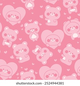 Seamless pattern of cute teddy bear in love concept line hand drawn pink background.Heart.Valentines.Wild animal character cartoon design.Kawaii.Vector.Illustration.