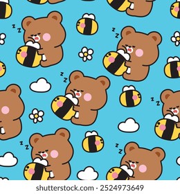 Seamless pattern of cute teddy bear sleeping with bee on sky background.Flower.Cloud.Wild animal character cartoon design.Image for card,sticker,baby clothing.Kawaii.Vector.Illustration.