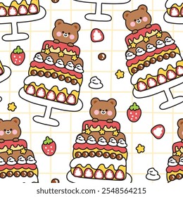 Seamless pattern of cute teddy bear stay on big cake background.Happy birthday.Celebration party.Chocolate.Strawberry.Star.Wild animal character cartoon design.Kawaii.Vector.Illustration.