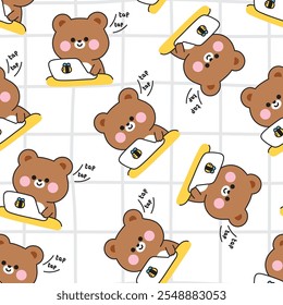 Seamless pattern of cute teddy bear working with laptop background.Work from home.Social media.Bee.Wild animal character cartoon design.Kawaii.Vector.Illustration.