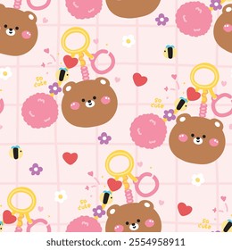 Seamless pattern of cute teddy bear face head keychain bag with bead and furry ball background.Heart,bee,flower hand drawn.Wild animal cartoon.Kawaii.Vector.Illustration.