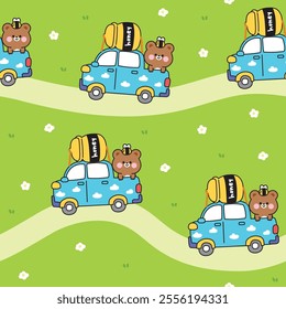 Seamless pattern of cute teddy bear stay on pickup truck car grass garden flower background.Honey jar and bee.Vehicle.Wild animal character cartoon design.Kawaii.Vector.