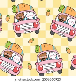 Seamless pattern of cute teddy bear and rabbit bunny drive car have big carrot background.Vehicle.Animal character cartoon design.Image for card,poster,baby clothing.Kawaii.Vector.Illustration