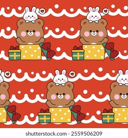 Seamless pattern of cute teddy bear and rabbit bunny stay in bow gift box background.Heart.Surprised.Presents.Birthday.Celebrated.Party.Wild and rodent animal character cartoon.Kawaii.