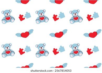 Seamless pattern with cute teddy bear, hearts and puzzle pieces