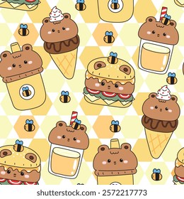 Seamless pattern of cute teddy bear in food concept background.Bee and honey.Fastfood.Hamburger,fresh fried,ice cream,drink.Wild animal character cartoon.Kawaii.Vector.Illustration.