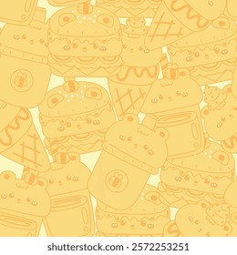 Seamless pattern of cute teddy bear line in food concept background.Bee and honey.Fastfood.Hamburger,fresh fried,ice cream,drink.Wild animal character cartoon.Kawaii.Vector.Illustration.