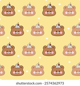 Seamless pattern of cute teddy bear face with whipping cream cherry background.Shadow.Wild animal character cartoon design.Kawaii.Vector.Illustration.