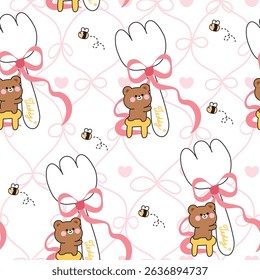 Seamless pattern of cute teddy bear and bee stand on chair to hold big fork with bow ribbon background.Eating.Wild animal character cartoon design.Kawaii.Vector.Illustration.