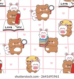 Seamless pattern of cute teddy bear and rabbit in back to school concept background.Student and teacher.Book and pencil.Study learn.Wild and rodent animal character cartoon.Kawaii.Vector.Illustration