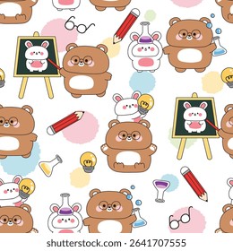 Seamless pattern of cute teddy bear and rabbit in back to school concept background.Student and teacher.Art,idea,test tube,science.Study learn.Wild and rodent animal character cartoon.Kawaii.Vector.