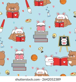 Seamless pattern of cute teddy bear and rabbit in back to school with heart background.Student and teacher.Brush,basketball,science experiment bottle,pencil,trophy.Study learn.Animal character cartoon