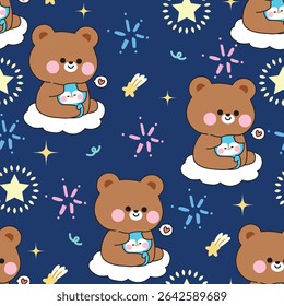 Seamless pattern of cute teddy bear doll hug tiny penguin with heart sit on cloud night sky firework background.Friend.Love.Wild and polar bird animal character cartoon design.Painting book.Kawaii.