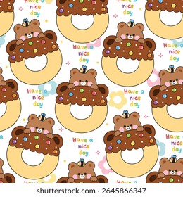 Seamless pattern of cute teddy bear with bee stay on candy chocolate flavor donut background.Sweet and dessert.Bakery.Have a nice day.flower.Wild animal character cartoon design.Kawaii.Vector