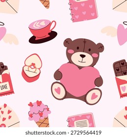 Padrão perfeito com ursinho de pelúcia bonito e elementos do Dia dos Namorados. Ilustração romântica desenhada à mão