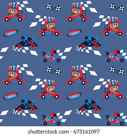 Seamless pattern, Cute teddy bear cartoon driving formula race car crossing finish line illustration. /Vector print for children wear. 