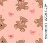 Seamless pattern with cute teddy bears and bows. Vector graphics.