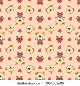 Patrón sin foco con osos de peluche, frambuesas y corazones adornados con fondo rosado.Niños vectores planos adornados con tejidos, textiles, envolturas, embalajes, papeles pintados y otros diseños creativos.