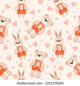 Seamless pattern of cute teddy bears and rabbits with colorful hearts on a light background. Vector
