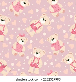 Seamless pattern of cute teddy bears and colorful hearts on a light background. Vector