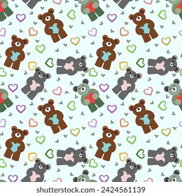 Seamless pattern with cute teddy bears holding hearts. Seamless pattern on a light background.