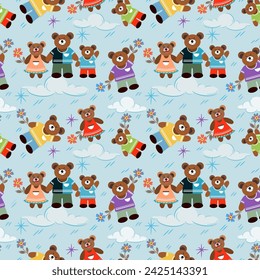 Seamless pattern with cute teddy bears on a light background.