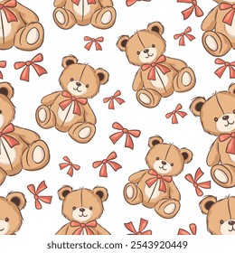 Seamless pattern cute teddy bears with bows on a white background, perfect for children's themes and nursery decoration