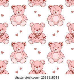 Seamless pattern of cute teddy bears and hearts. Pink plush toys print. Children's background