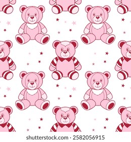 Seamless pattern of cute teddy bears and stars. Pink plush toys print. Children's background.