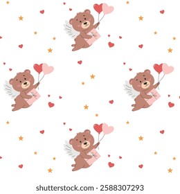Seamless pattern with cute teddy bears and hearts. Cute vector print, children's style. Vector illustration.