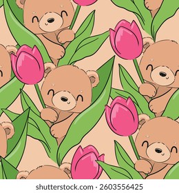  Seamless Pattern with Cute Teddy Bears and Pink Tulips, Adorable Spring Floral Design Vector Hand Drawn 