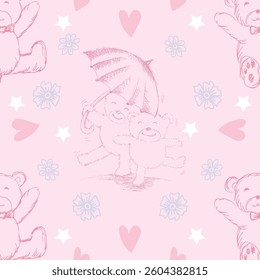 Seamless pattern with cute teddy bears and hearts. Vector illustration.