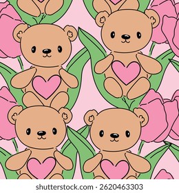  Padrão sem emenda com ursos de pelúcia bonito e tulipas cor-de-rosa, adorável primavera Design Floral Vetor mão desenhada 