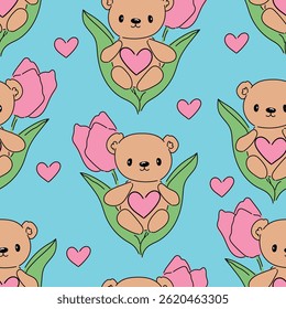  Padrão sem emenda com ursos de pelúcia bonito e tulipas cor-de-rosa, adorável primavera Design Floral Vetor mão desenhada 