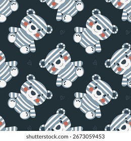 Seamless pattern with cute teddy bears, toy design with hearts. Adorable vector illustration for children, nursery decor, textiles, wallpapers and wrapping paper. Isolated cartoon style.