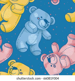 seamless pattern with cute teddy bears, sketch style vector illustration