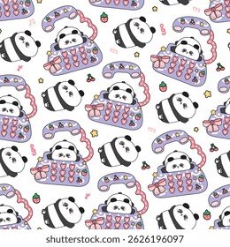 Seamless pattern of cute teddy panda bear lay on classic retro telephone desk background.Kid graphic.Strawberry,cherry,star,music note,bow hand drawn.Chinese animal character cartoon.Kawaii.Vector.