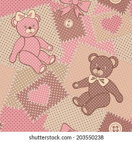 Seamless pattern with cute Teddy. Patchwork dotted background with plush bears. Retro style. Colorful vector illustration. 