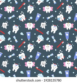 Seamless pattern with cute teeth and objects for dental care on blue background - funny toothpaste, brush, hourglass. Cute Tooth Fairy. Vector illustration.	
