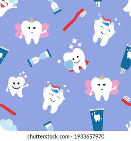 Seamless Pattern With Cute Teeth And Objects For Dental Care On Purple Background - Funny Toothpaste, Brush, Hourglass. Cute Tooth Fairy. Vector Illustration.	