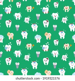 Seamless pattern with cute teeth on blue background - for kid dental design. Flat style. Vector illustration.