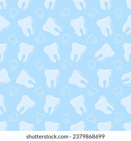 Patrón sin soldadura con dientes bonitos sobre fondo azul.Diseño de tela, textil, papel envolvente, fondo, postales. Ilustración decorativa vectorial para el diseño dental.