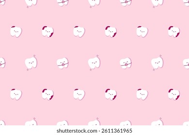 Seamless pattern with cute teeth on pink background. Cover for kid dental design. Pretty healthy and ill white teeth banner. Dental banner, wallpaper, wrapping paper, cover, textile design, surfaces