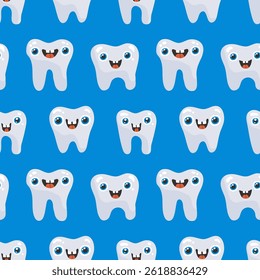 Seamless pattern with cute teeth on a blue background, vector
