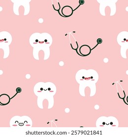 Seamless pattern with cute teeth and stethoscope in kawaii style. Suitable for wallpaper, background, wrapping paper, fabrics, textile, packaging, etc