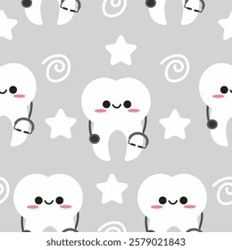 Seamless pattern with cute teeth and stethoscope in kawaii style. Suitable for wallpaper, background, wrapping paper, fabrics, textile, packaging, etc