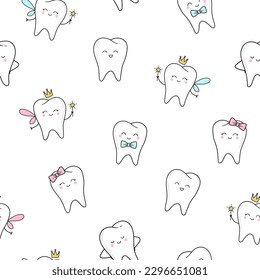 Seamless pattern with cute teeth, tooth fairy in cartoon style on white background. Dental cute background. Illustration for children dentist cabinet, pediatric dentistry.