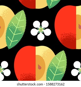 Seamless pattern of cute textured apple, leaf, flower